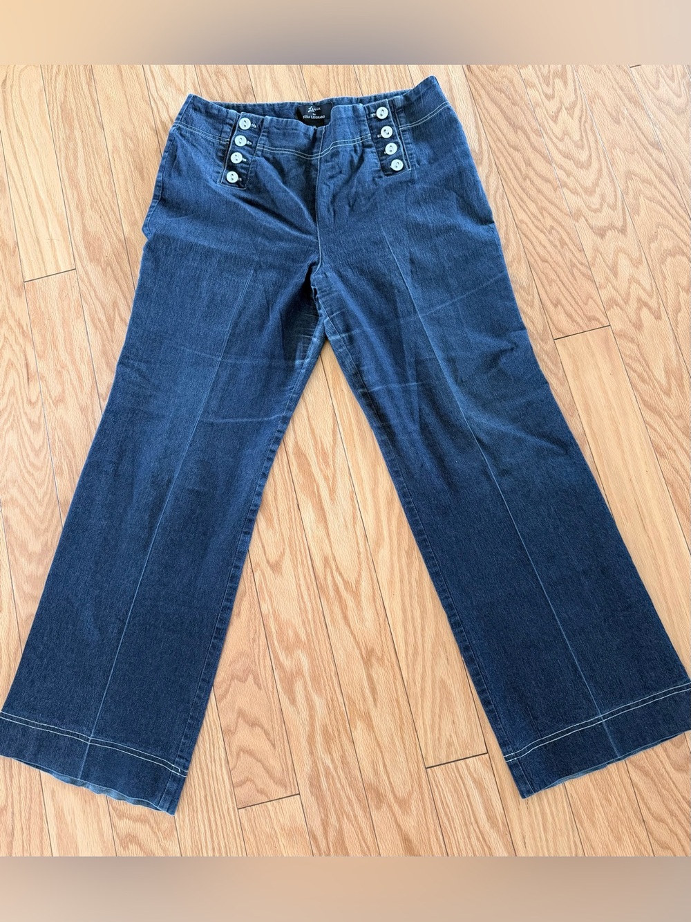 Nina Leonard Dark Blue Wide Leg Jeans with Button Detail